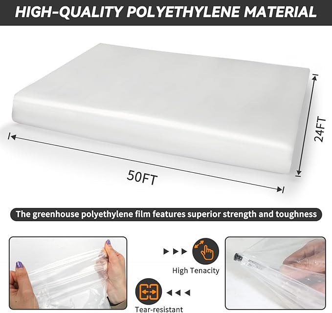 24x50 FT Clear Greenhouse Film Plastic Sheeting, Greenhouse Polyethylene Plastic Film 6 mil Thickness Replacement Cover, UV Resistant, Plant Covers Freeze Protection for Windproof Frost& Dust Proof
