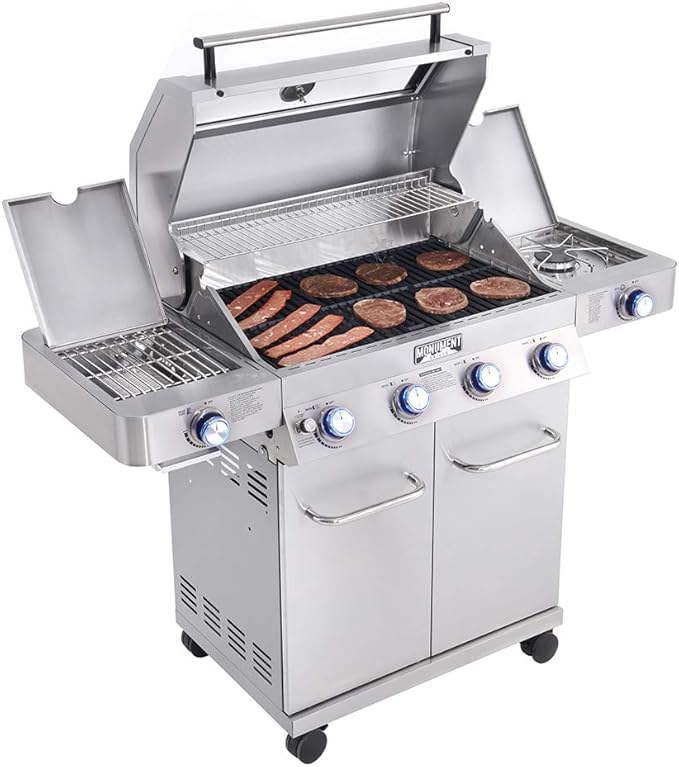Monument Grills Larger 4-Burner Propane Gas Grills Stainless Steel Cabinet Style with Infrared Side Sear & Side Burners with Stainless Steel Cooking Grids(2 Items)