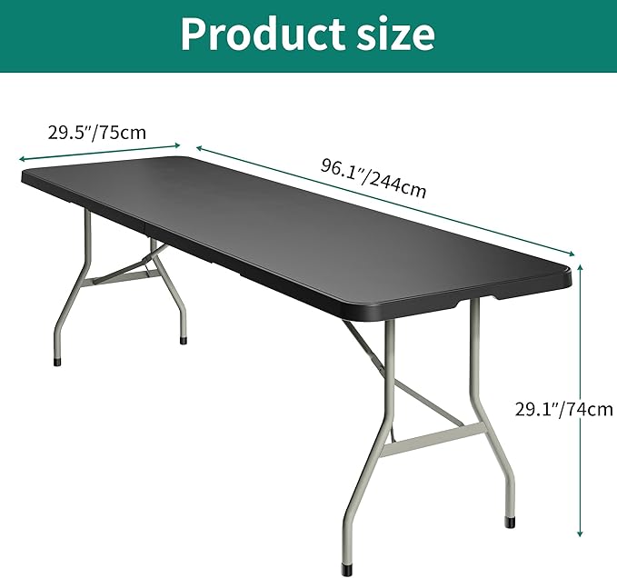 YITAHOME 8FT Heavy Duty Folding Table for Indoors & Outdoors Use, Versatile Rectangle Folding Table with Carrying Handle for Camping, Picnics, Parties, and Events, Black