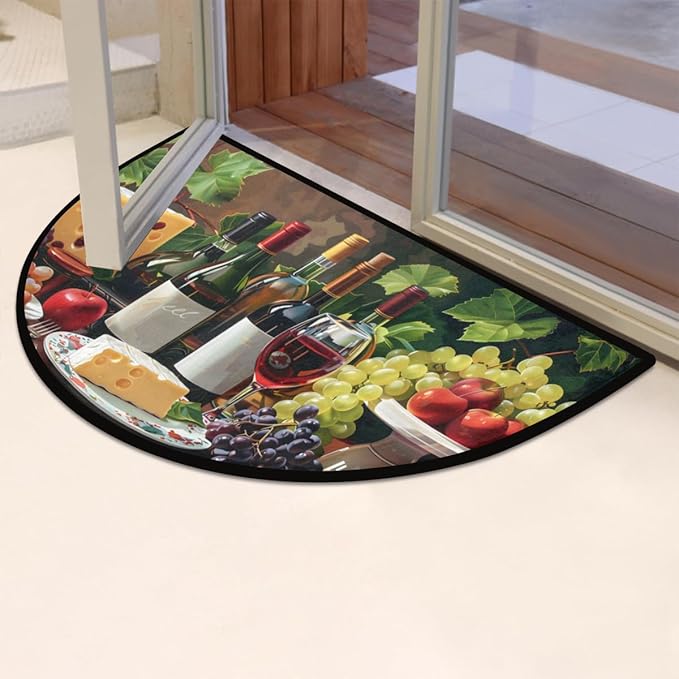 cfpolar Non-Slip Soft Half Round Door Mat, Wine Cheese Grapes Semicircle Mat for Indoor Entrance Garage Bath Living Room Patio 24 x 36 in