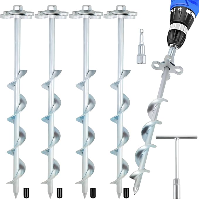 Ground Anchors Screw in – 4 Pack Spiral Tent Stakes heavy duty with Drill Socket & T-Handle, 12 Inch Trampoline Anchor with Hook & Ring Design for Tents, Sheds, Canopies, Swing Sets, Gazebo(4)