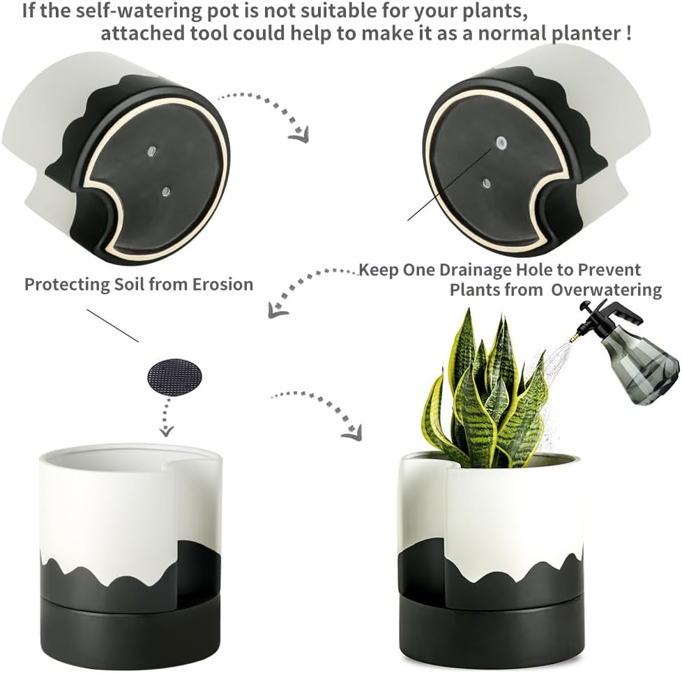 Nihow Self Watering Plant Pot: 8 Inch Ceramic Planter with Drainage Hole & Water Storage Plus for Indoor & Outdoor Plants - Cylinder Round Flower Pot for Succulent/Herbs/Violets - White & Wave Black