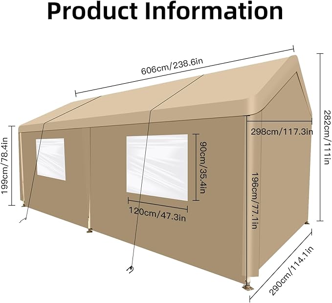 Carport 10x20 Ft Heavy Dut Car Port Canopy, Portable Garage Shelter Car Tents Carpas para Carros All Weather for Automobiles Truck Boat (Khaki)
