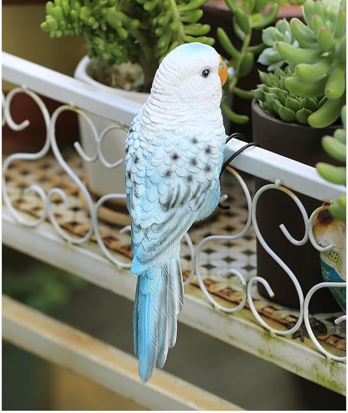 Realistic Parrot Sculpture Resin Hanging Parrots Garden Statues Lifelike Bird Figurines Landscape Ornament Patio Yard Lawn Figurine Tree Decor, Outdoor Garden Wall Statues (Bluewhite)