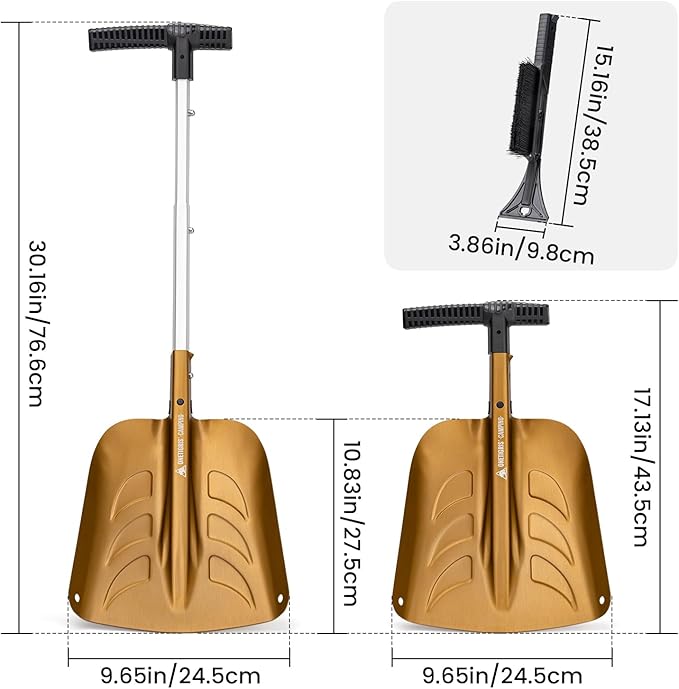 OneTigris Snow Shovel, Collapsible Aluminum Alloy with Ice Scraper Brush - Portable Folding Shovel for Camping, Car Emergency, Winter Outdoor - 25.98" Lightweight Durable Design (Coyote Brown)