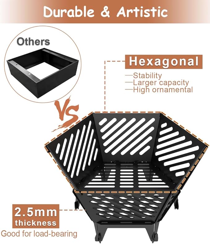 22.5 Inch Portable Plug Fire Pit for Camping, Detachable Outdoor Wood Burning Firepit with Travel Bag for Outside Patio Heating, Picnic, Bonfire and BBQ, Diagonal Hollow Style