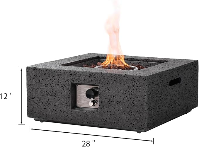 SUNBURY Outdoor Fire Pit, 28" Square Propane Gas Patio Fire Table 40,000 BTU Concrete Travertine Design, CSA Certified, Small Firepit Table with Lava Rocks, Waterproof Cover (Grey)