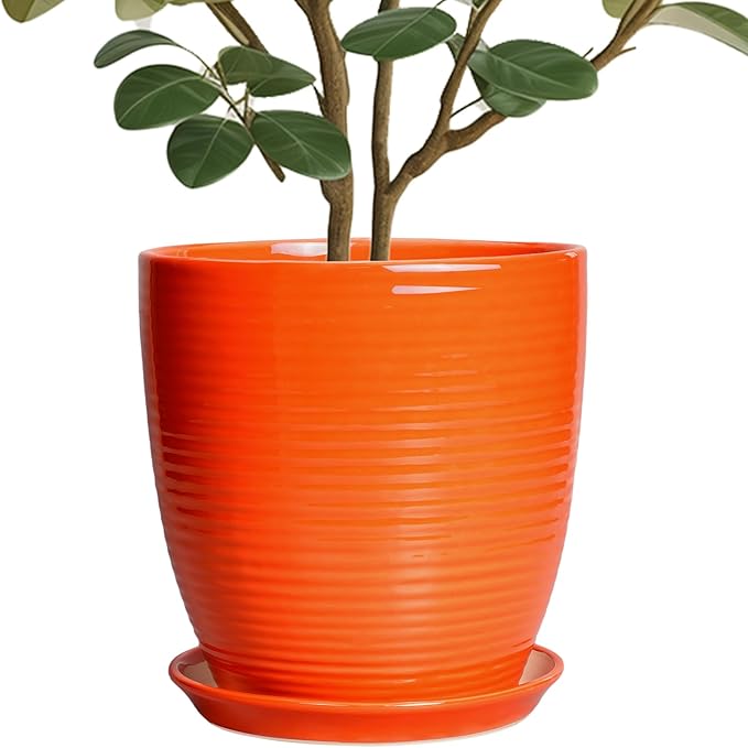 Ceramic Planter - 10 Inch Plant Pot for Indoor Outdoor, Modern Planters with Drainage Hole and Saucer, Round Large Plant Pot, Patio Room House Decor, House Warming Gifts, Orange