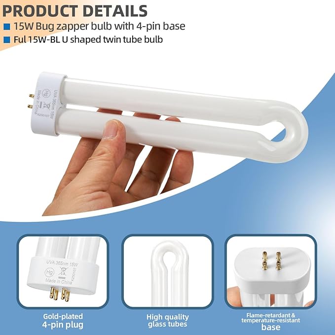 15W Bug Zapper Light Bulb Compatible with Black Flag BZ-15 BB-15WHT, for Hemiua T6, T8, T9, for Flowtron BK-15D, for Stinger B1515 FP15 UV15 & Most U Shaped Twin Tube Bulbs with 4-Pin Base, 3 Pack