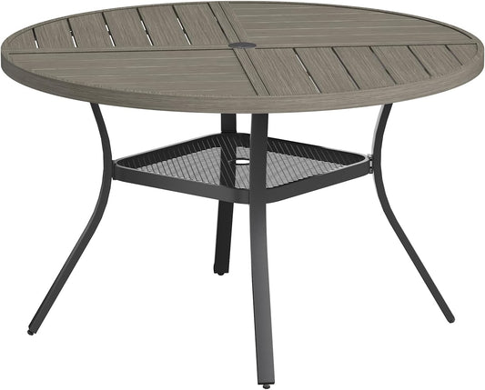 VICLLAX Round Patio Table with Adjustable Umbrella Hole for 4, All Weather Metal Outdoor Dining Table for Lawn Garden, 40.6" Outdoor Coffee Table, Grey Wood-Like Tabletop