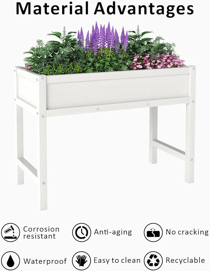 Raised Garden Beds Outdoor with Legs,Outdoor Planter Box,Non-Cracking,Rust Resistantand Rot-Resistant for Vegetable Garden for Backyard, Patio, Balcony Outdoors/Indoors White