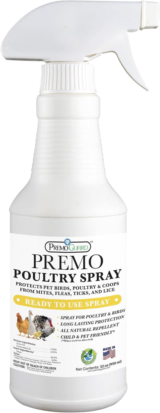 Premo Guard Poultry Spray - 32 oz - Kill Scaly Leg, Mites, Fleas, Lice, & Other Pest on Chickens and in Coops - Natural Plant Based Oils for Control, & Prevention - Family Safe with No Egg Withdrawl