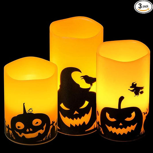 DRomance Pumpkin Flameless Candles Battery Operated with 6 Hour Timer, Set of 3 Real Wax LED Flickering Pillar Candles Spooky Halloween Decor Candle(3 x 4, 5, 6 Inches)