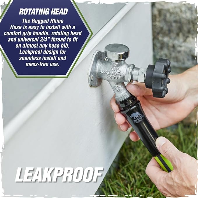 Rugged Rhino Heavy Duty Flexible Light Weight Garden Hose, 50ft x 5/8in, 4 Layer Leakproof Outdoor Gardening Tools, Watering Supplies, Powerful Water Pressure for Lawn, Flowers, Green Black