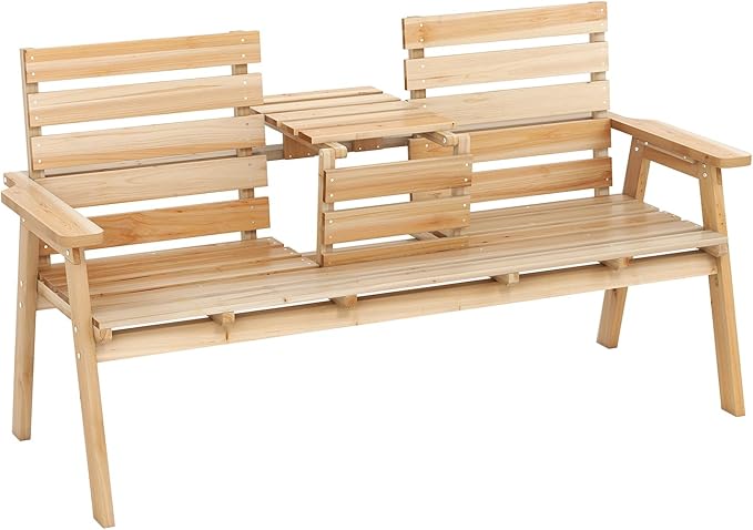 Tangkula Outdoor Fir Wood Bench with Foldable Middle Table, 2-3 Person Garden Bench with Backrest and Armrests, 710 lbs Weight Capacity, Slatted Seat Bench for Porch, Patio, Backyard