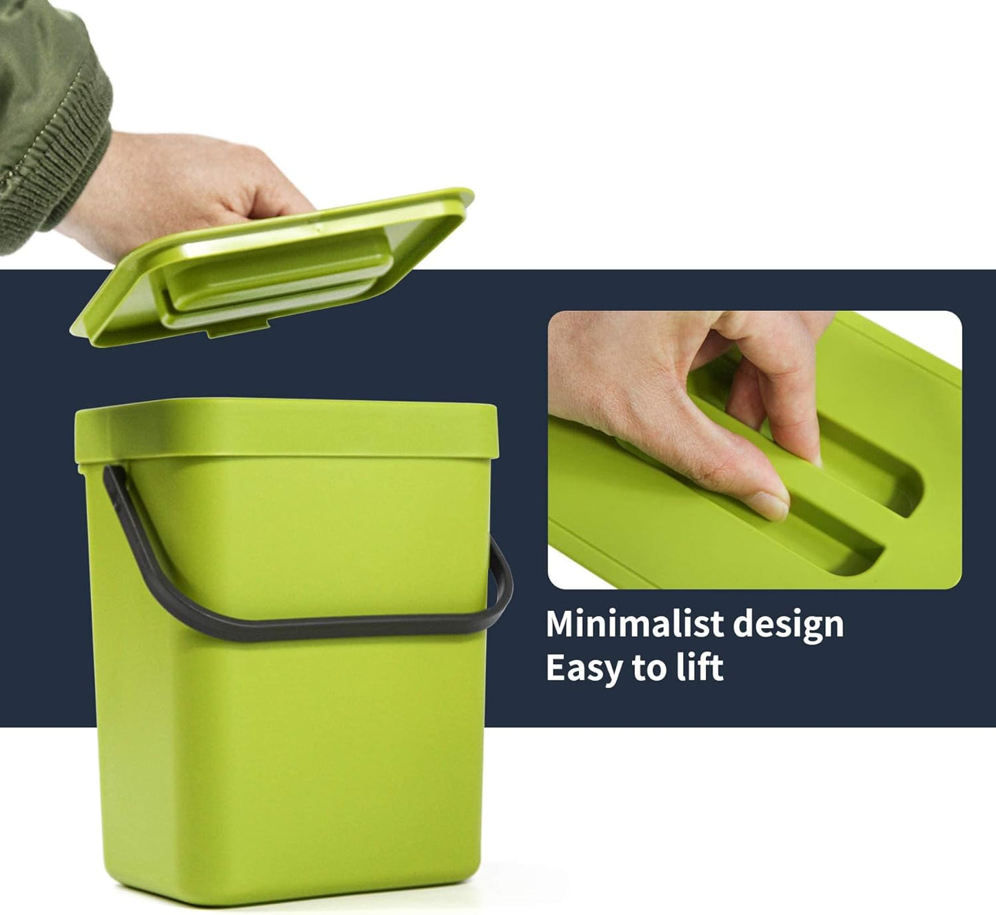 Domiella 2 Pack 1.3 + 0.8Gal Hanging Small Trash Can with Lid, Kitchen Compost Bin for Counter Top or Under Sink, Sealed Food Waste Bin, Mountable Indoor Compost Bucket for Cupboard/Bathroom (Green)