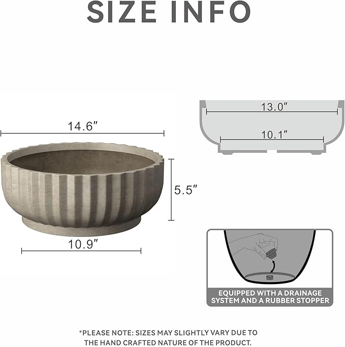 Kante Round Fulted Bowl Planter, 14.6 Inch Dia Large Concrete Flower Pots with Drainage Hole and Rubber Plug, Suitable for for Indoor Outdoor Plants, Home, Patio, Garden, Weathered Concrete