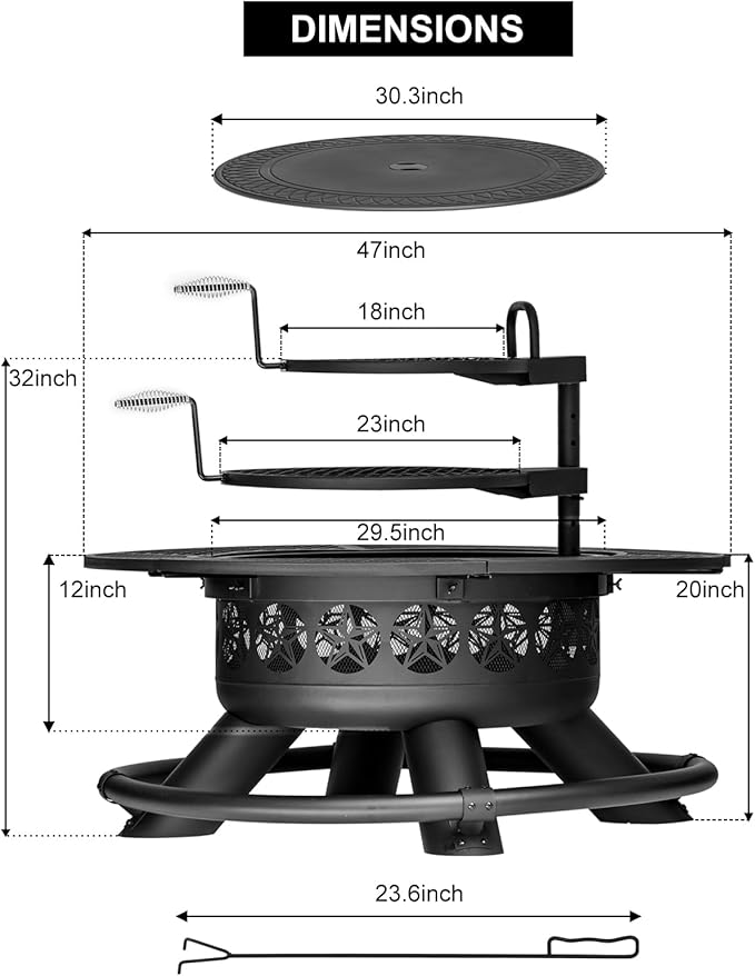 47 Inch Outdoor Fire Pit with 2 Grills, Extra Large BBQ Firepits for Outside, Metal Round Fire pits with Lid&Fire Poker,3 in 1 Wood Burning Outdoor Fireplaces for Backyard,Patio,Bonfire
