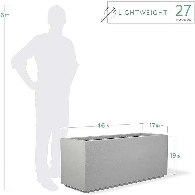 PolyStone Milan Tall Modern Outdoor/Indoor Rectangular Trough Planter, 46" L X 17" W X 19" H, Lightweight, Heavy Duty, Weather Resistant, Polymer Finish, Commercial and Residential (Concrete Gray)
