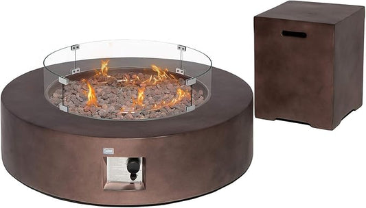 COSIEST 2-Piece Outdoor Propane Firepit Table Set w Tank Table, 42 inch Dark Fire Table CSA Certified, 50,000 BTU w Bronze Round Base,Wind Guard and 16 inches Tank Side Table 20lb for Garden,Pool
