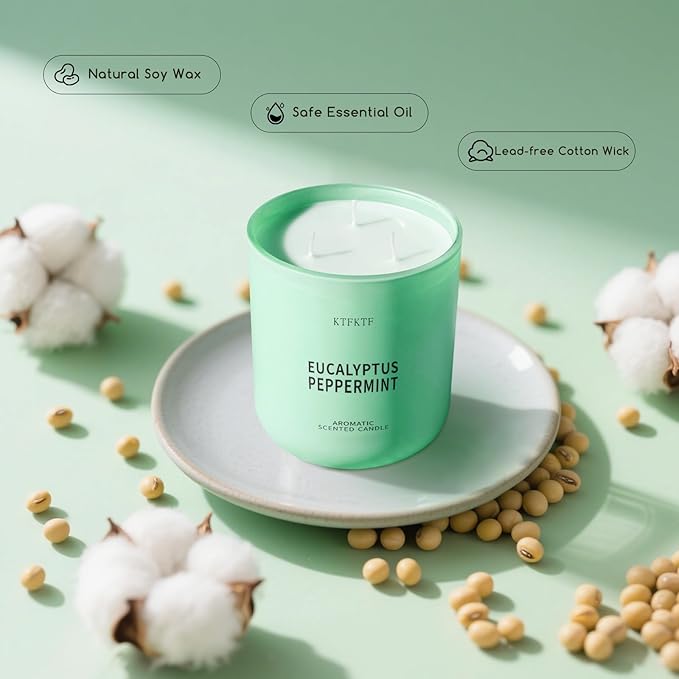 Eucalyptus Peppermint Scented Candle for Home, 14.2oz 80 Hours Long Lasting Aromatherapy Candles for Stress Relief & Energy, Non-Toxic Essential Oil & Soy Wax | Cooling Mint & Woody Aroma