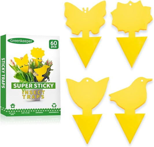 60 Pcs Classic Sticky Traps for Fungus Gnat (Plants), Fruit Fly, Whitefly, and Fly, Yellow Sticky Insect Catcher Traps for Indoor/Outdoor, Kitchen, and Plants, High-End Glue, Non-Toxic, 4 Shapes