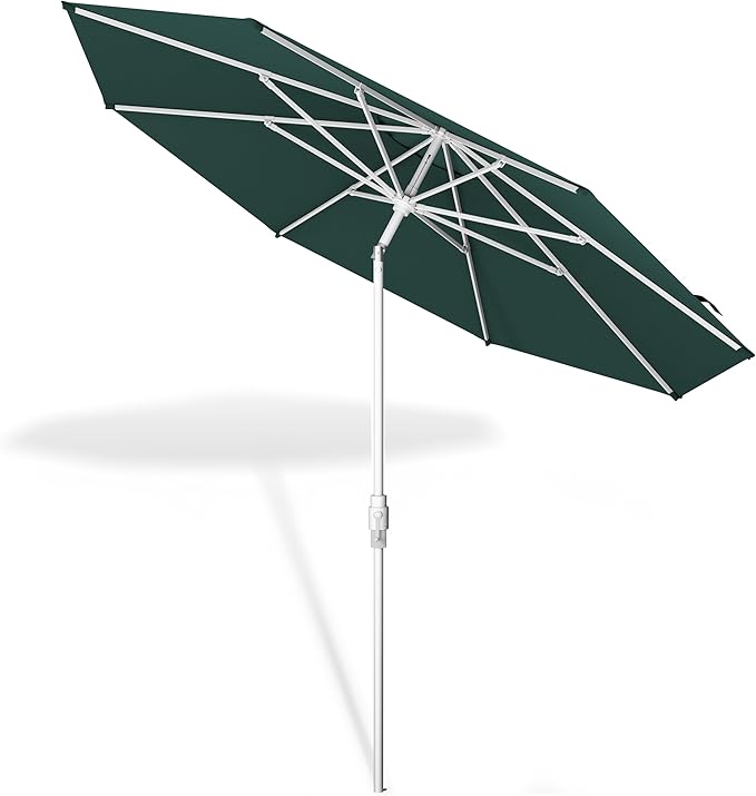 Midtown Umbrellas The Swilt 10 Feet Patio Umbrella in Terylast Forest (Dark Green) Polyester Fabric - Fiberglass Ribs, Auto-Tilt Aluminum Frame For Backyard, Deck, Garden, Pool - White Pole