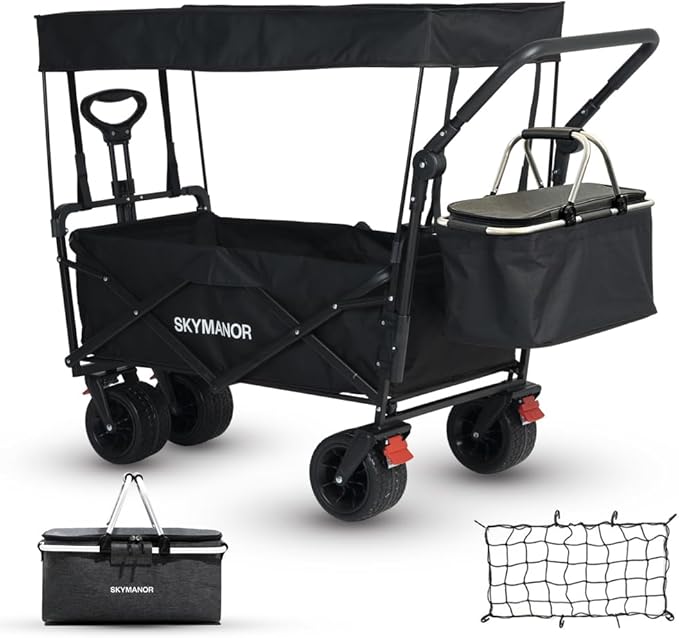 SKYMANOR Collapsible Wagon with Removable Canopy, 3-in-1 Heavy Duty Garden Cart with Big All-Terrain Wheels, Brakes, Adjustable Push Pull Handle, Cooler Bag, 300LBS Wagon Cart for Camping (Black)