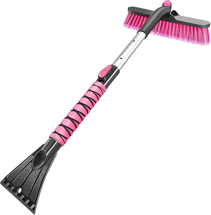 HEEYA 12.6 Inch Large Brush Head with Ice Scraper, Extendable Car Scraper Snow Brush for Car Window Windshield, Portable Snow Scraper for SUV Truck Vehicle Automobile - Pink