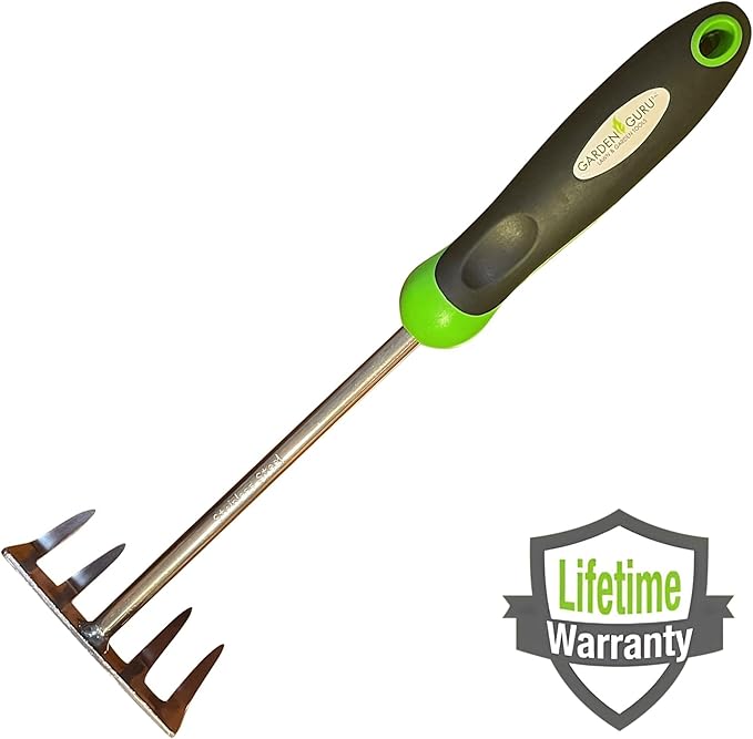 Garden GURU Stainless Steel Hand Rake Cultivator Tiller Tool - Stainless Steel for Ultimate Strength - Rust Resistant - Ergonomic Handle - Great for Gardening Cultivating Loosening Weeding Mulching