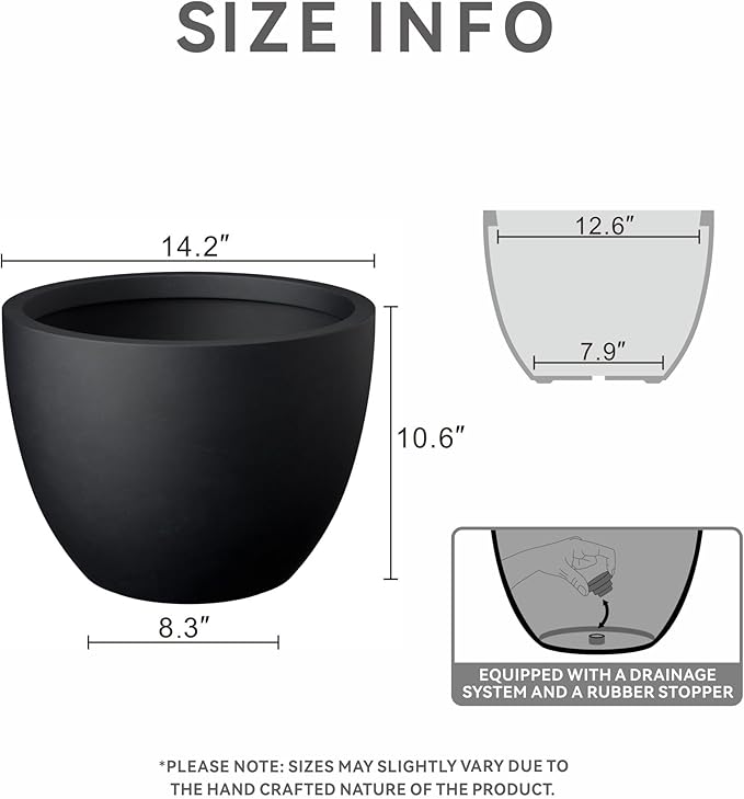Kante 14.2 Inch Round Concrete Planter - Classic Large Indoor/Outdoor Plant Pot with Drainage Hole and Rubber Plug, Suitable for Gardens and Patios, Black