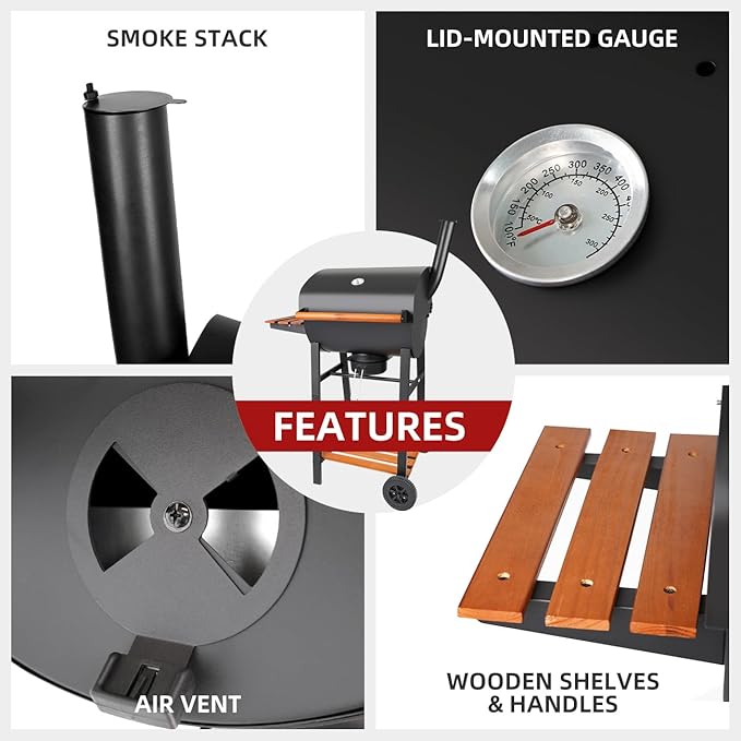 Charcoal Grill with Temperature Gauge - Large Outdoor Barrel Barbecue Grill with SideTable, 406 sq in Cooking Space for 6-10 People, ldeal for Camping and Backyard BBQ