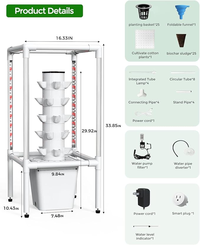 SJZX Hydroponics Growing System, Hydroponic Tower with Full-Spectrum Grow Lights, 5 Tiers Indoor Outdoor Garden Planter, Vertical Home Gardening Germination Kits for Vegetables, Fruits, Herb (25 Pods)