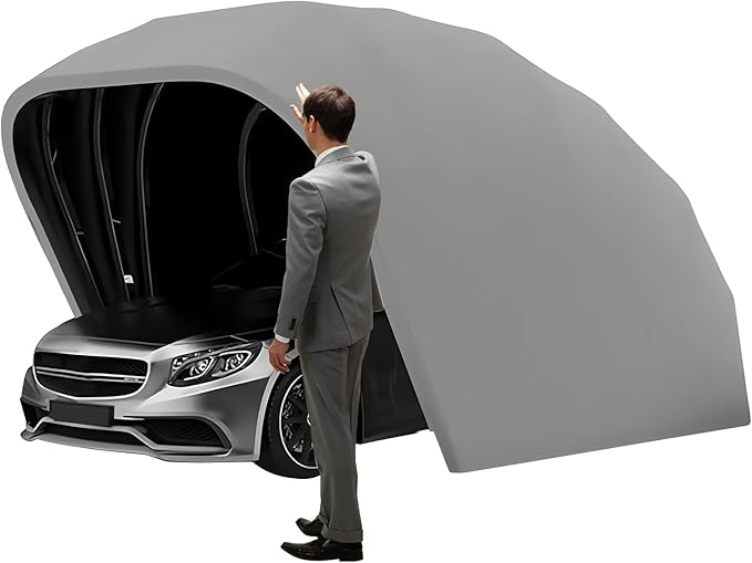 Stainless Steel Grey Carport, Heavy Duty Retractable Car Awning, Foldable Semi-Automatic Durable Shelter, Windproof and Snow-Proof, 600D Heavyweight Oxford Cloth, for Outdoor