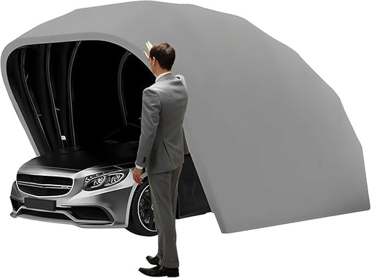 Stainless Steel Grey Carport, Heavy Duty Retractable Car Awning, Foldable Semi-Automatic Durable Shelter, Windproof and Snow-Proof, 600D Heavyweight Oxford Cloth, for Outdoor