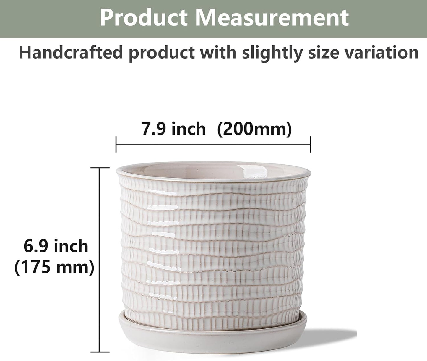 8 Inch Plant Pot: Ceramic Planter with Drainage Hole & Saucer for Indoor Outdoor Plants - Flowerpot with Bonded Tray for Home Office - Wave Embossed