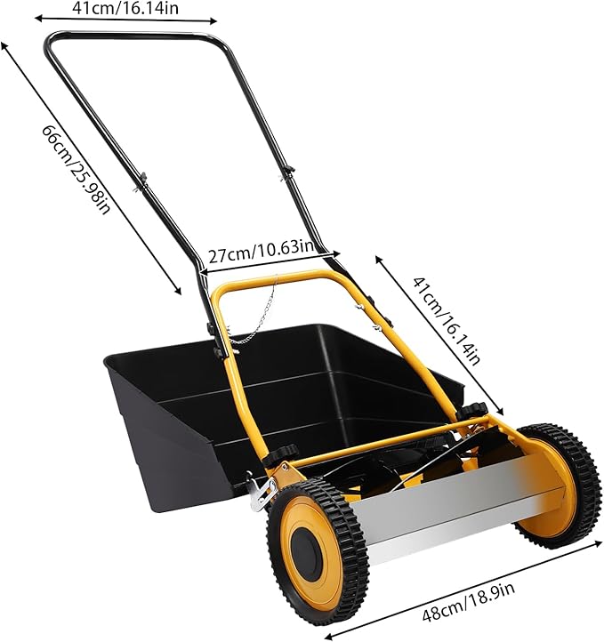 Lawn Mower, Wheeled Reel Mower with Grass Catcher Adjustable Height Manual Reel Push Walk Behind Dual for Cottage, Residential, Backyard, Park Landscaping (14 Inch)