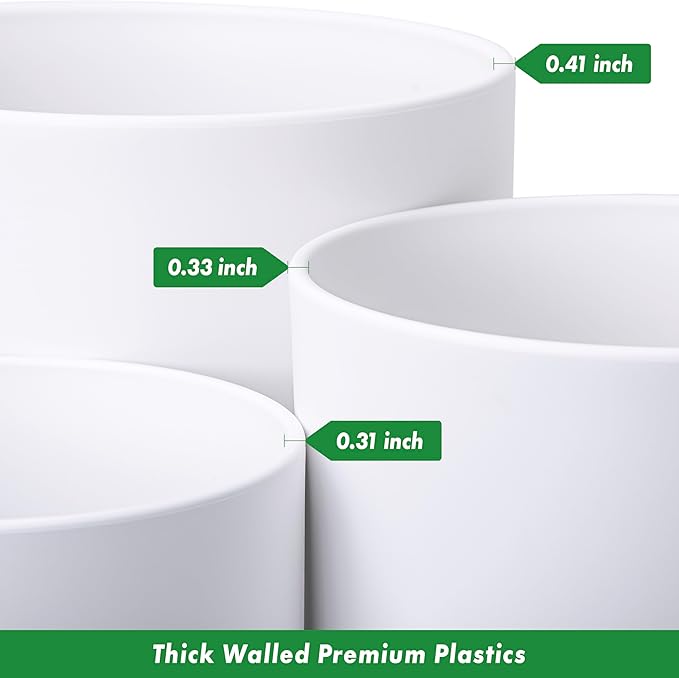 D'vine Dev 10 Inch 12 Inch 14 Inch, Set of 3 Plastic Planter Pots for Plants with Drainage Hole and Seamless Saucers, White Color, XX-Large, 74-V-A-6