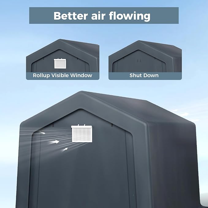 GREEN PARTY Storage Shelter Shed, 8x12 ft Portable Shed Outdoor Carport with Roll-up Zipper Door & Vents, Outdoor Storage Shed Portable Garage for Motorcycle, Bike, Waterproof & UV Protected, Gray