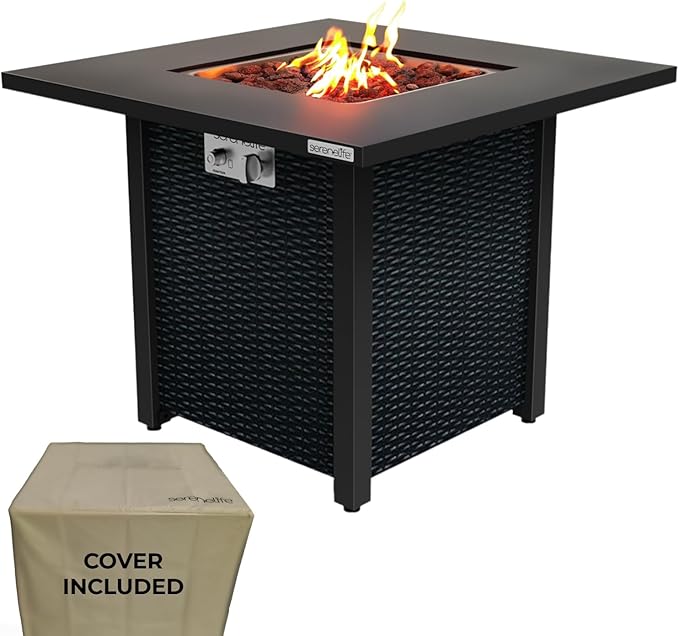 Outdoor Propane Fire Pit Table - CSA Approved Safe 40,000 BTU Pulse Ignition Propane Gas Fire Table - Steel Tabletop, Rattan-Look Steel Panel, 6.6 Lbs Decorative lave Rock Set - SereneLife SLFPS3