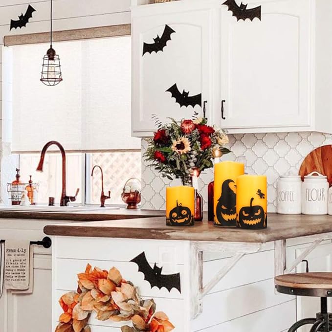 DRomance Pumpkin Flameless Candles Battery Operated with 6 Hour Timer, Set of 3 Real Wax LED Flickering Pillar Candles Spooky Halloween Decor Candle(3 x 4, 5, 6 Inches)