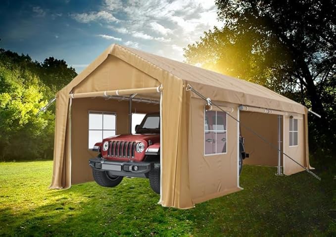 10'x20' Heavy Duty Carport Portable Garage, Outdoor Car Port with 180 g PE All-Season Waterproof Canopy 4 Roll-up Doors and 4 Windows for Car, Truck, SUV, Boat, Yellow