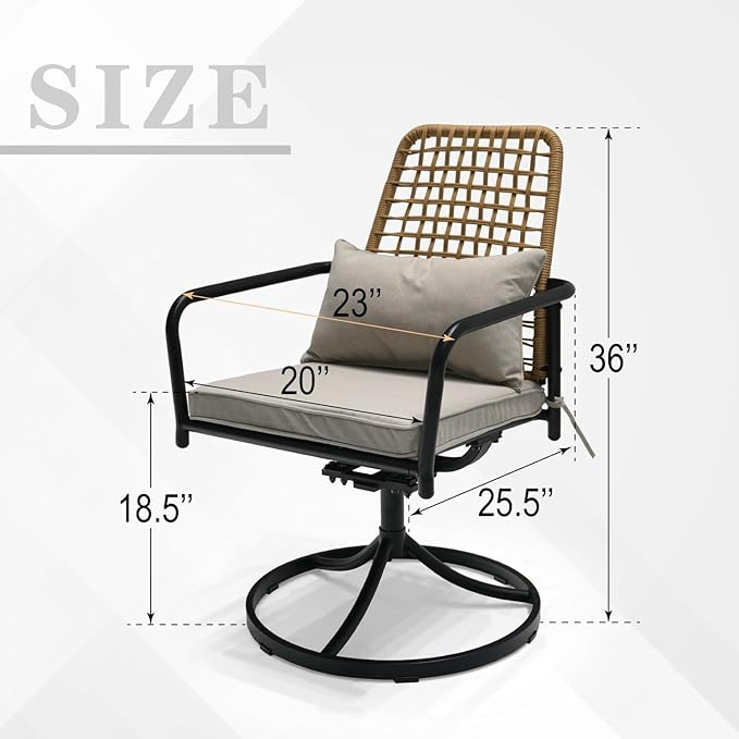 7-Piece Outdoor Dining Set, Swivel Chairs with Cushions, Black Metal Frame with Wicker, Rectangular Table, Patio Furniture