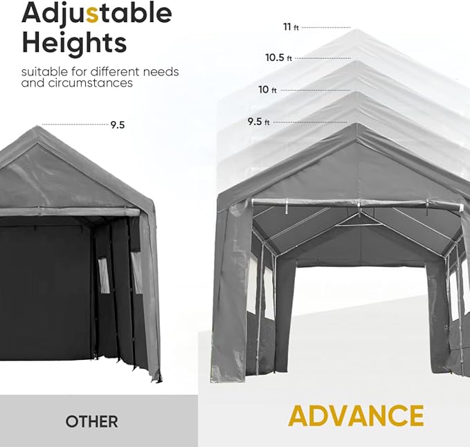 ADVANCE OUTDOOR 10x20 ft Adjustable Height Carport with Removable Window Sidewalls and Doors, Heavy Duty Car Canopy Garage Party Tent Boat Shelter with Reinforced Poles, Gray