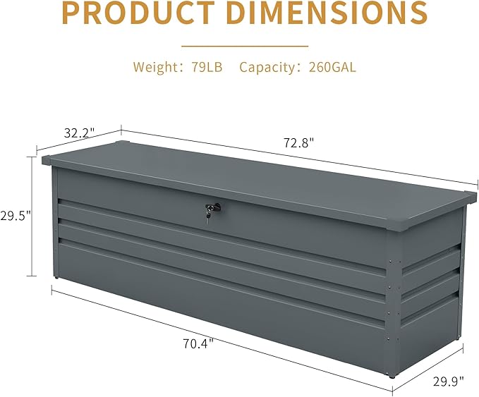 KUIKUI Metal Deck Box Waterproof, Outdoor Storage Box Extra Large, Patio Storage Bench for Pool Cushions Rugs, 260 Gallon