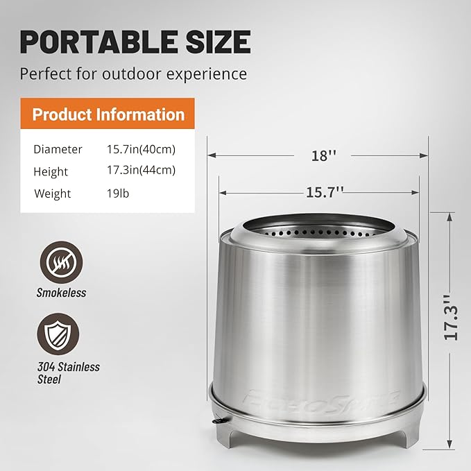 EchoSmile 18" Smokeless Fire Pit with Triple-Burn & Adjustable Damper, Outside Stainless Steel Wood Burning Stove for Outdoor Patio, Backyard, Camping