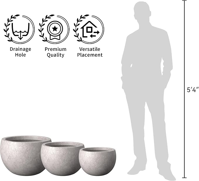 Kante 19.9",15.7",11.8" Dia Round Concrete Planter Set of 3, Outdoor/Indoor Large Bowl Plant Pots with Drainage Hole and Rubber Plug for Garden Patio Balcony Home, Light Gray