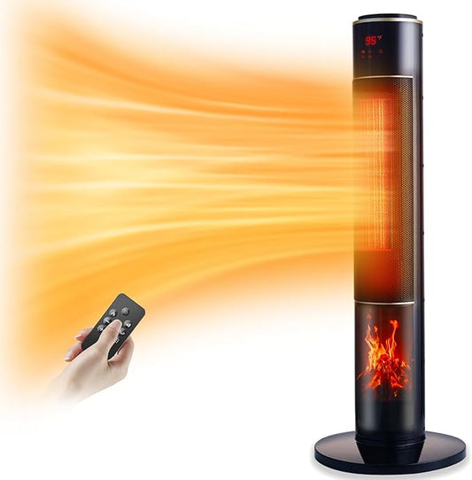 Portable Electric Space Heater for Large Room 37" Ceramic Tower Space Heater with 3D Flame for Room Heating,Oscillating,Remote Control,Tipover &overheating protection for Indoor Use(Black-I)