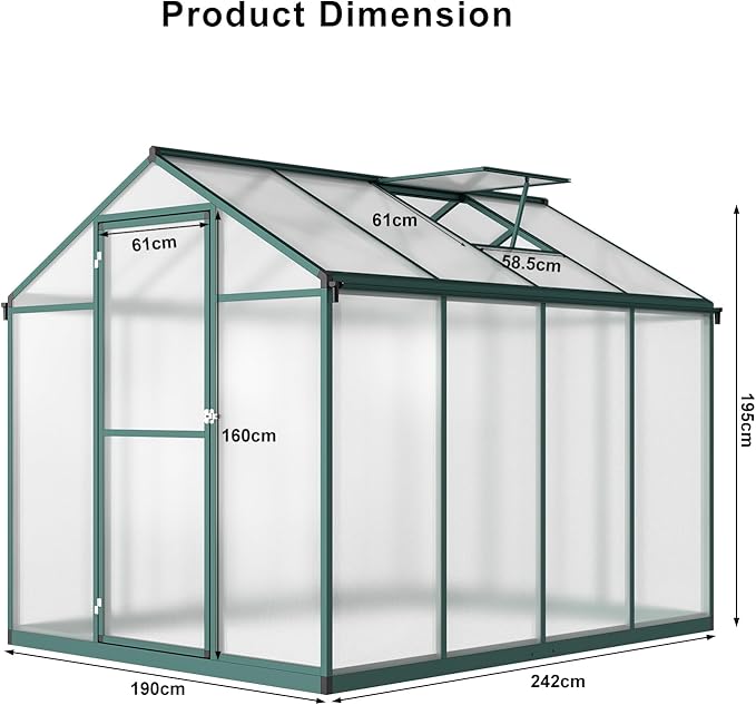 Garvee 6x8 FT Greenhouse for Outdoors, Polycarbonate Greenhouse with Quick Setup Structure and Roof Vent, Aluminum Large Walk-in, for Outside Garden Backyard, Green