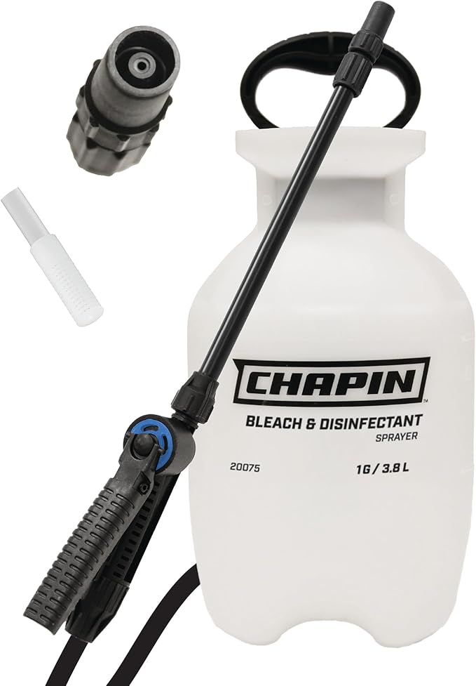Chapin 20075 Disinfectant Bleach Sprayer, 1 Gallon, Made in The USA, Adjustable Cone Nozzle, Compatible with Bleach Solutions and Fungicides, Translucent White